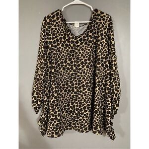 Terra & Sky Pullover Animal Print Tunic Top Ruched Sleeve Ruffle Slit 2X